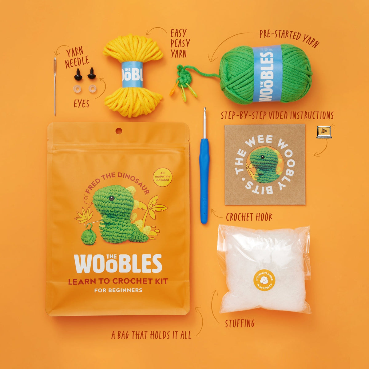 Kibakids - Fred the Dinosaur Crochet Kit for Beginners